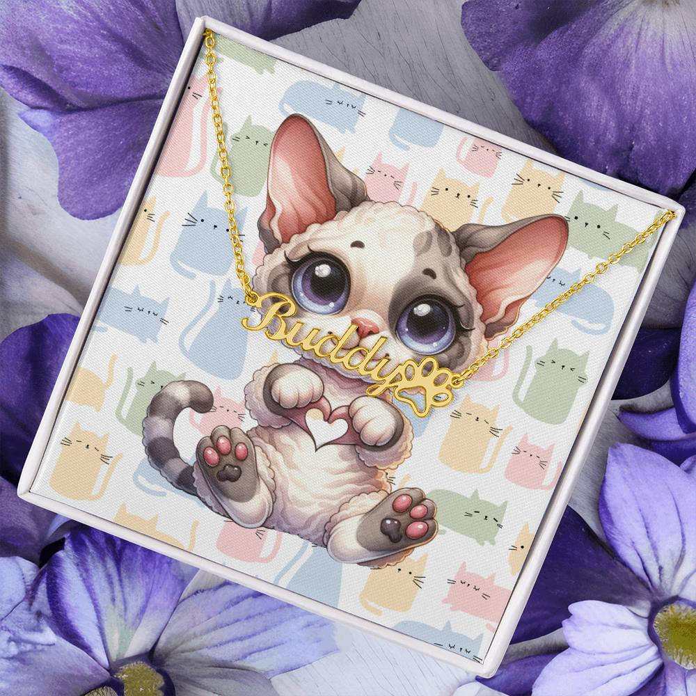 Devon Rex Cat - Personalized Name Necklace + Paw Print