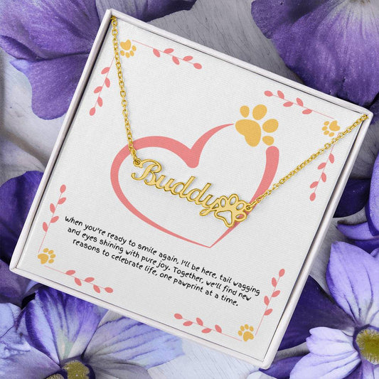 Custom paw print name necklace for dog moms, a reminder of companionship, comfort, and the healing power of paws.