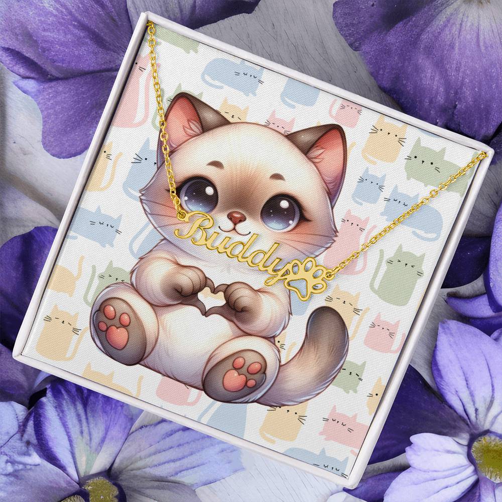 Siamese Cat - Personalized Name Necklace + Paw Print