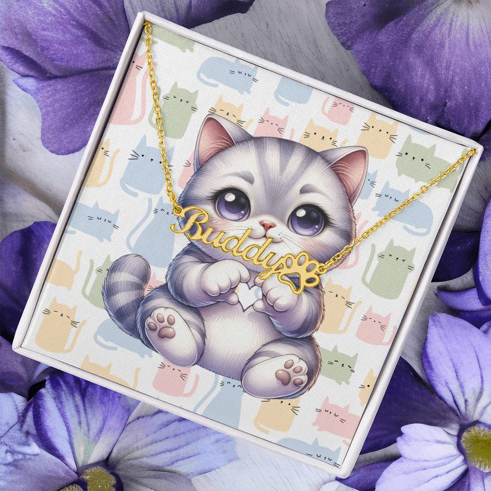 British Shorthair Cat - Personalized Name Necklace + Paw Print