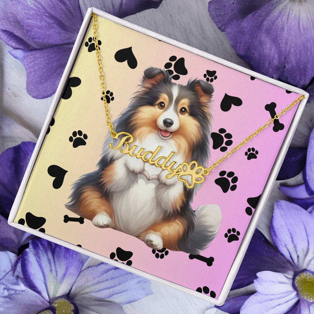 Shetland Sheepdog Dog - Personalized Name Necklace W/Paw Print Symbol - Custom Therapy Animal Jewelry & Keepsake