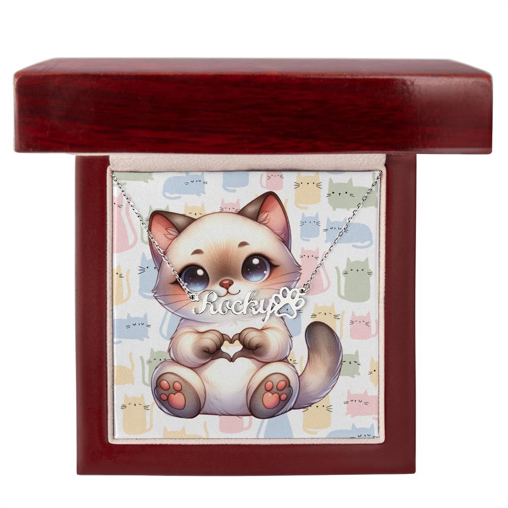 Siamese Cat - Personalized Name Necklace + Paw Print