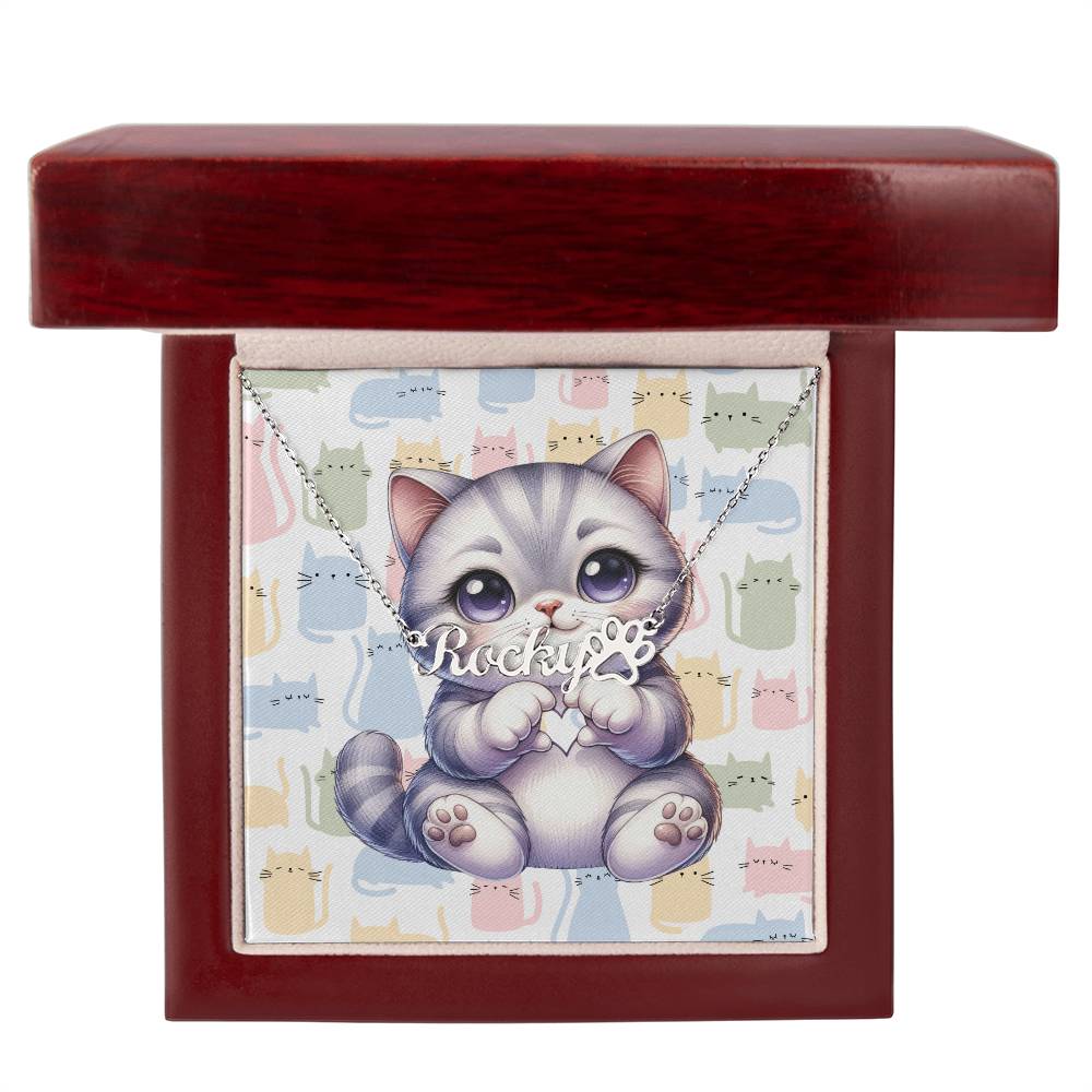 British Shorthair Cat - Personalized Name Necklace + Paw Print
