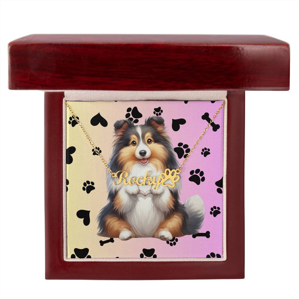 Shetland Sheepdog Dog - Personalized Name Necklace W/Paw Print Symbol - Custom Therapy Animal Jewelry & Keepsake