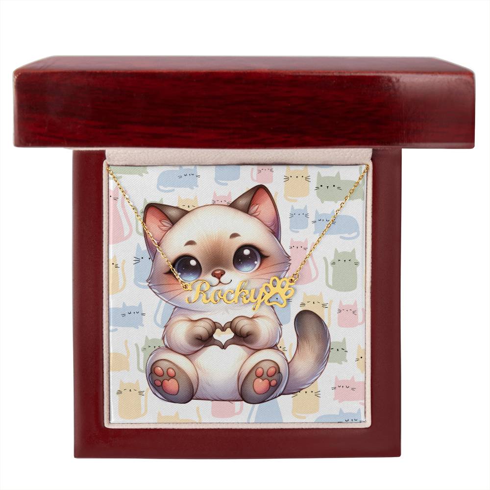 Siamese Cat - Personalized Name Necklace + Paw Print