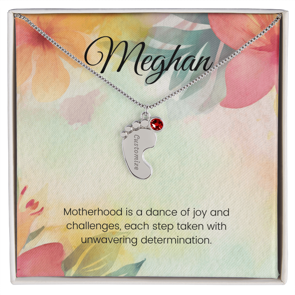 Engraved Baby Feet Necklace with Birthstone – Dance of Motherhood: Joy, Challenges & Unwavering Determination | Gift for New Moms