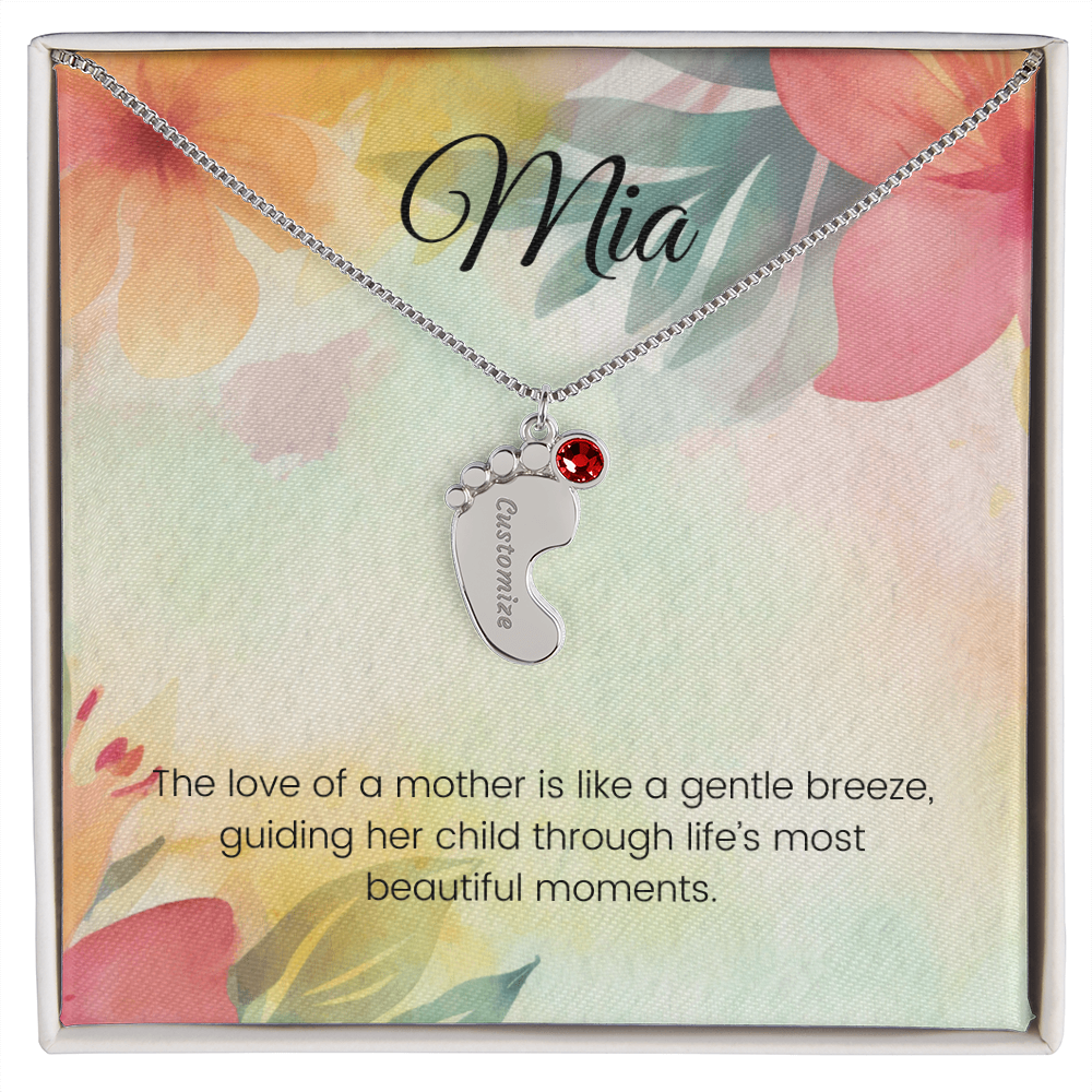 Engraved Baby Feet Necklace with Birthstone – A Mother's Love: Like a Gentle Breeze Guiding Her Child | Ideal Gift for New Moms