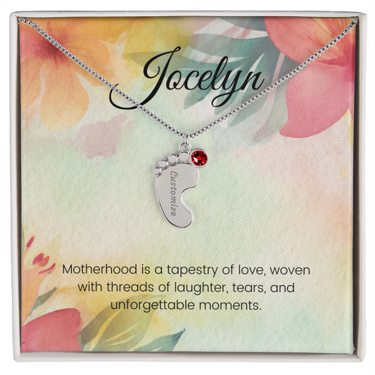Engraved Baby Feet Necklace with Birthstone – Motherhood: A Tapestry of Love, Laughter & Unforgettable Moments | Gift for Moms