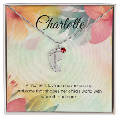Engraved Baby Feet Necklace with Birthstone – A Mother's Love: A Never-Ending Embrace | Perfect Gift for New Moms
