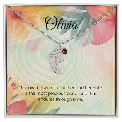 Engraved Baby Feet Necklace with Birthstone – The Precious Bond of Mother & Child | Ideal Gift for New Moms