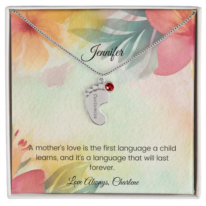 A Mother's Love Is the First Language - Engraved Baby Feet Necklace with Birthstone