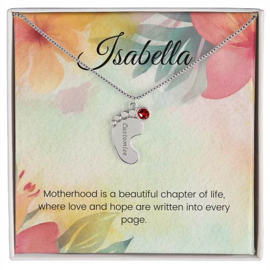 Engraved Baby Feet Necklace with Birthstone – Motherhood: A Beautiful Chapter of Love & Hope | Gift for New Moms