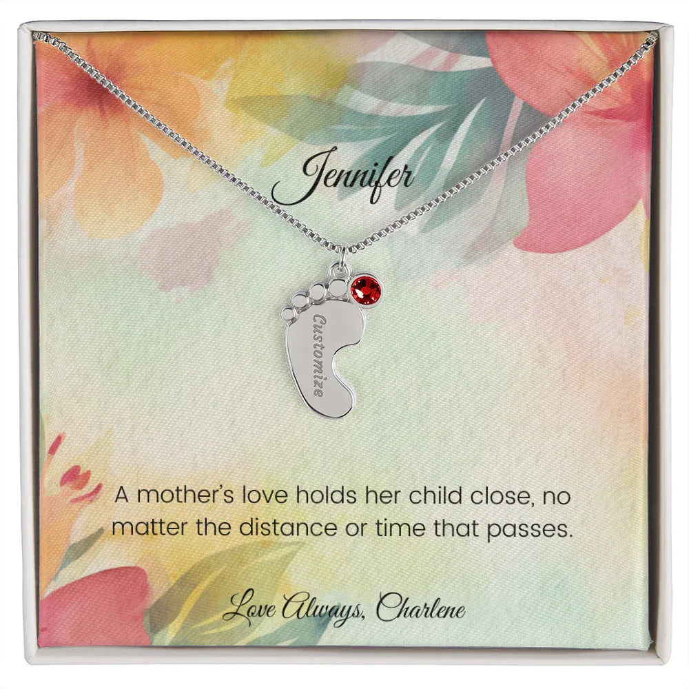 A Mother's Love Holds Her Child Close - Engraved Baby Feet Necklace with Birthstone