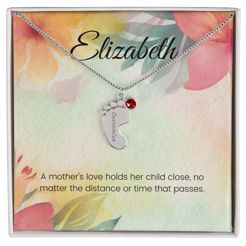 Engraved Baby Feet Necklace with Birthstone – A Mother's Love Holds Her Child Close, Always | Perfect Gift for New Moms