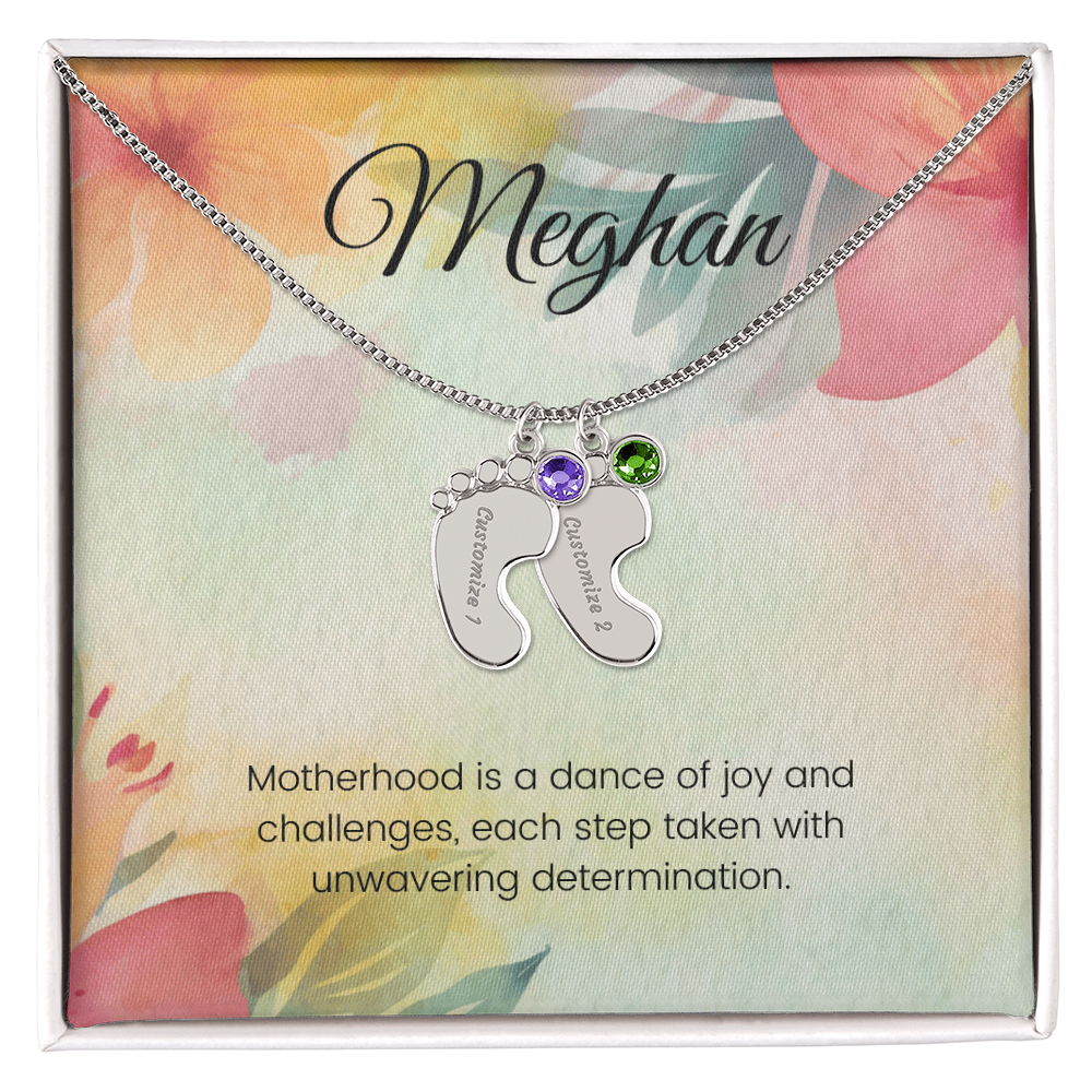 Engraved Baby Feet Necklace with Birthstone – Dance of Motherhood: Joy, Challenges & Unwavering Determination | Gift for New Moms