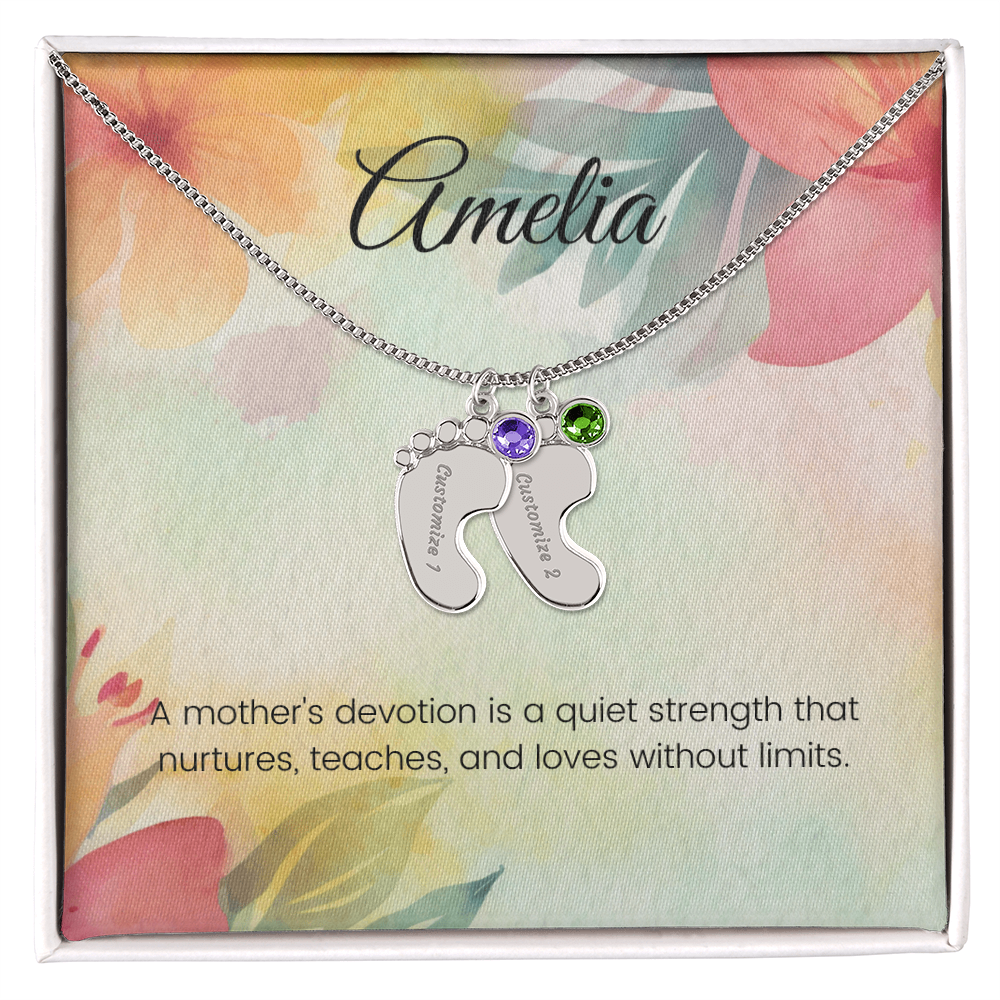 Engraved Baby Feet Necklace with Birthstone – A Mother's Quiet Strength, Nurturing & Loving | Perfect Gift for New Moms