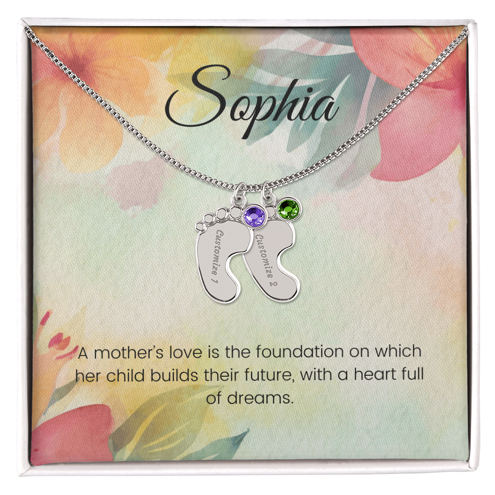 Engraved Baby Feet Necklace with Birthstone – A Mother's Love: Foundation of a Bright Future | Gift for New Moms