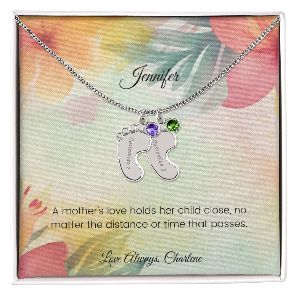 A Mother's Love Holds Her Child Close - Engraved Baby Feet Necklace with Birthstone