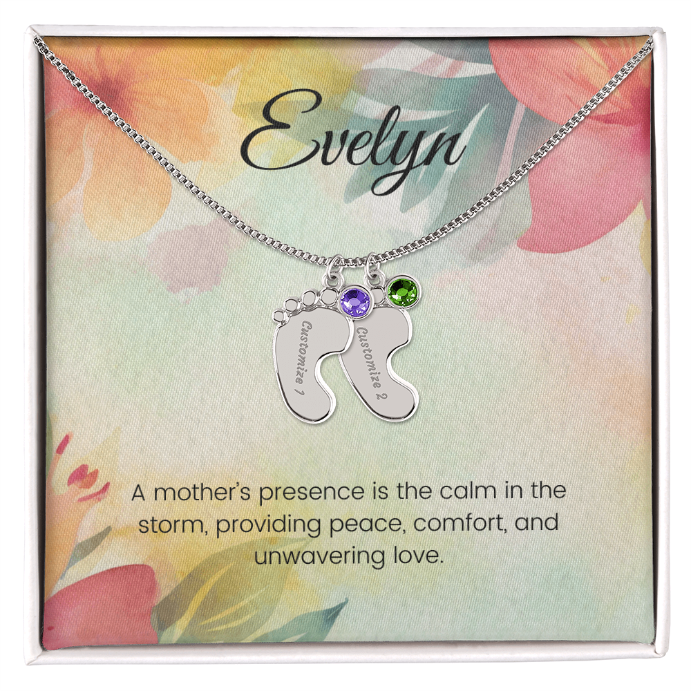 Engraved Baby Feet Necklace with Birthstone – A Mother's Presence: Calm in the Storm & Unwavering Love | Gift for New Moms