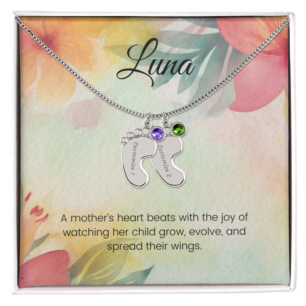 Engraved Baby Feet Necklace with Birthstone – A Mother's Heart Beats with Joy & Love for Her Child | Perfect Gift for New Moms