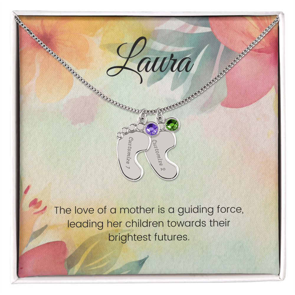 Engraved Baby Feet Necklace with Birthstone – Guiding Force of a Mother's Love | Perfect Gift for New Moms & Moms-to-Be