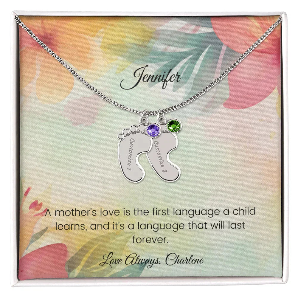 A Mother's Love Is the First Language - Engraved Baby Feet Necklace with Birthstone