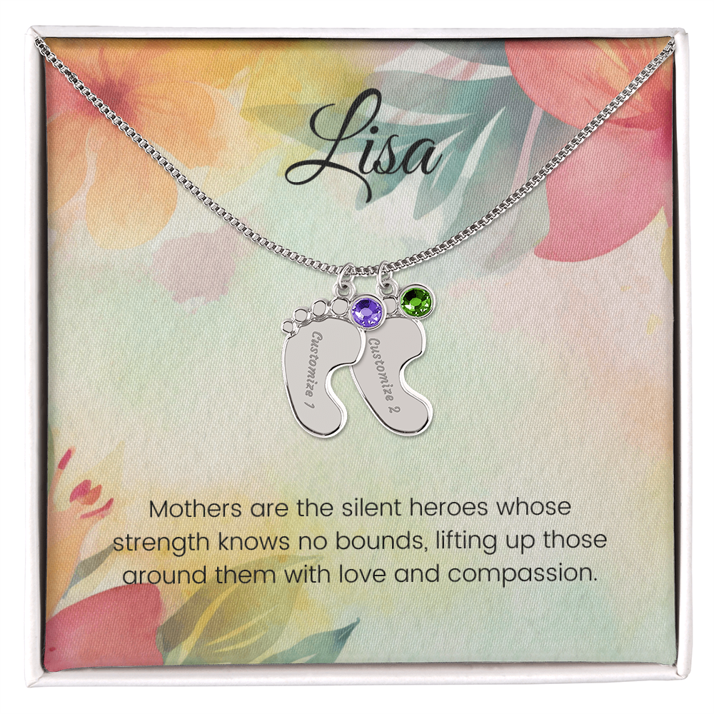 Engraved Baby Feet Necklace with Birthstone – Silent Heroes: A Mother's Strength, Love & Compassion | Ideal Gift for New Moms