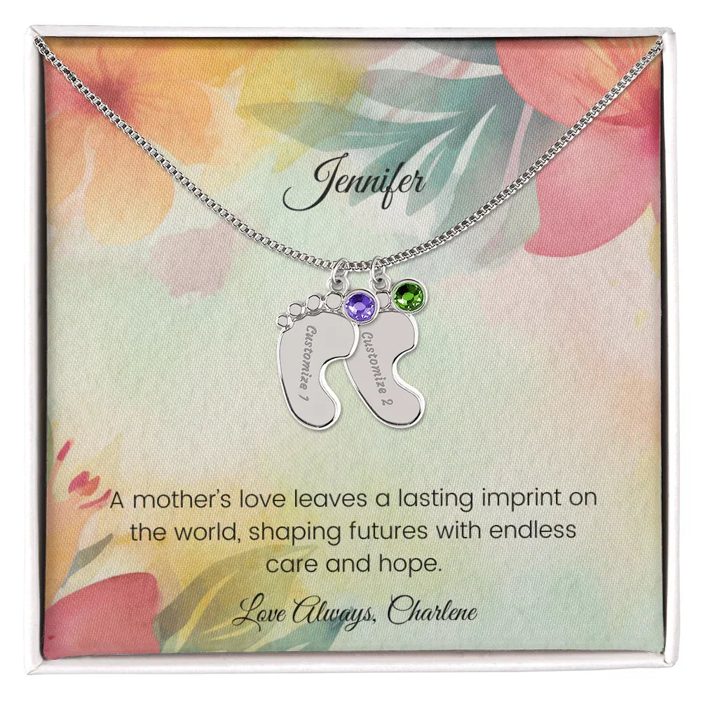 A Mother's Love Leaves a Lasting Imprint - Engraved Baby Feet Necklace with Birthstone