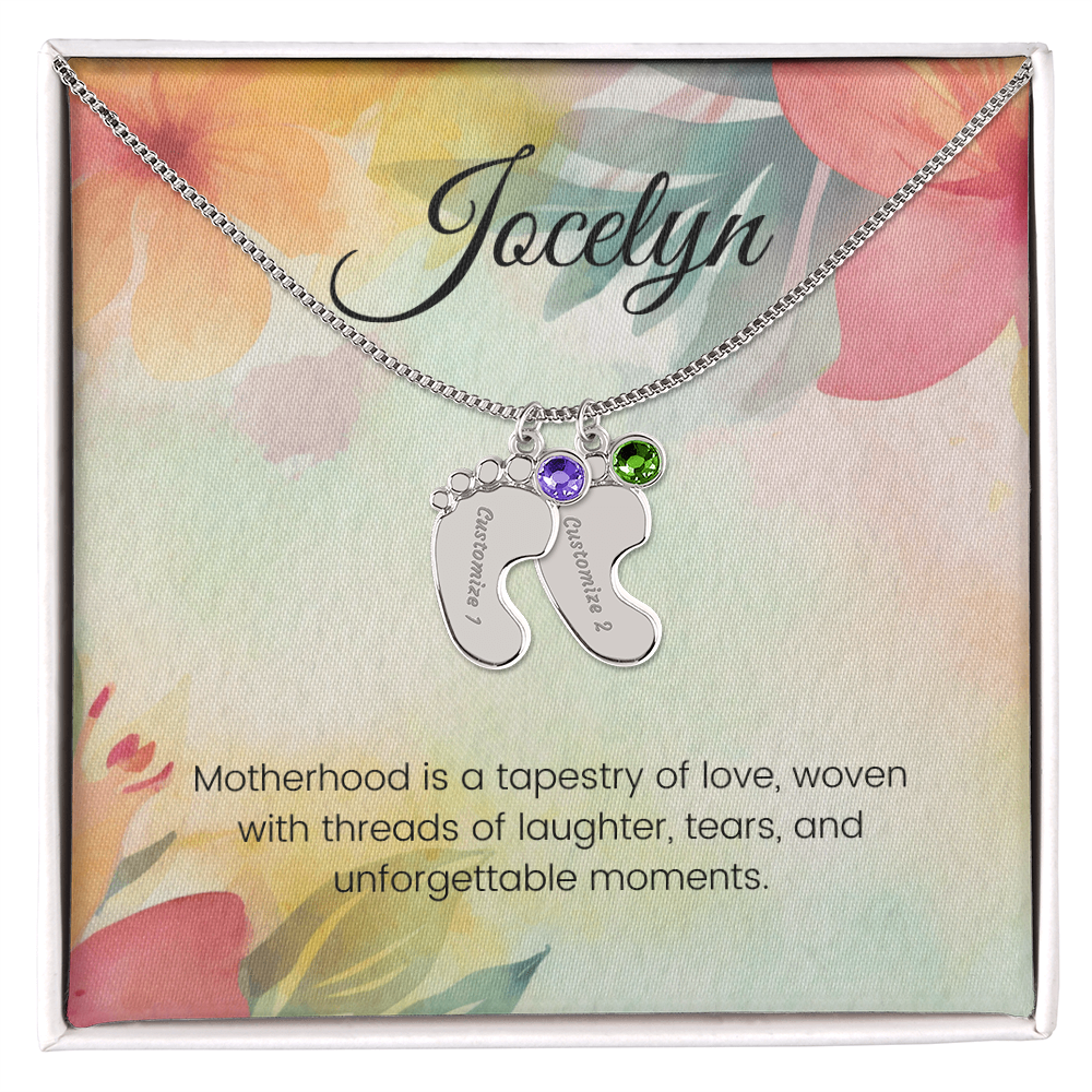 Engraved Baby Feet Necklace with Birthstone – Motherhood: A Tapestry of Love, Laughter & Unforgettable Moments | Gift for Moms
