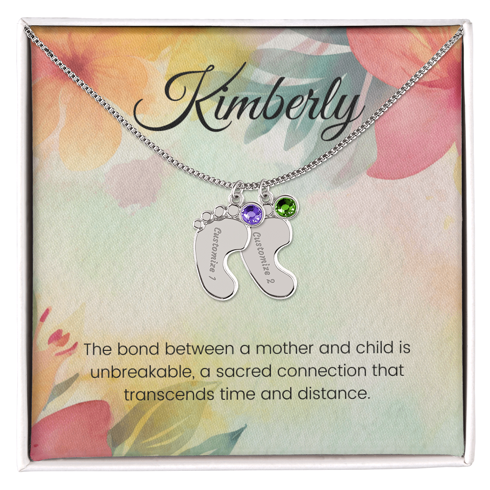 Engraved Baby Feet Necklace with Birthstone – Unbreakable Bond of Mother & Child | Gift for New Moms & Moms-to-Be