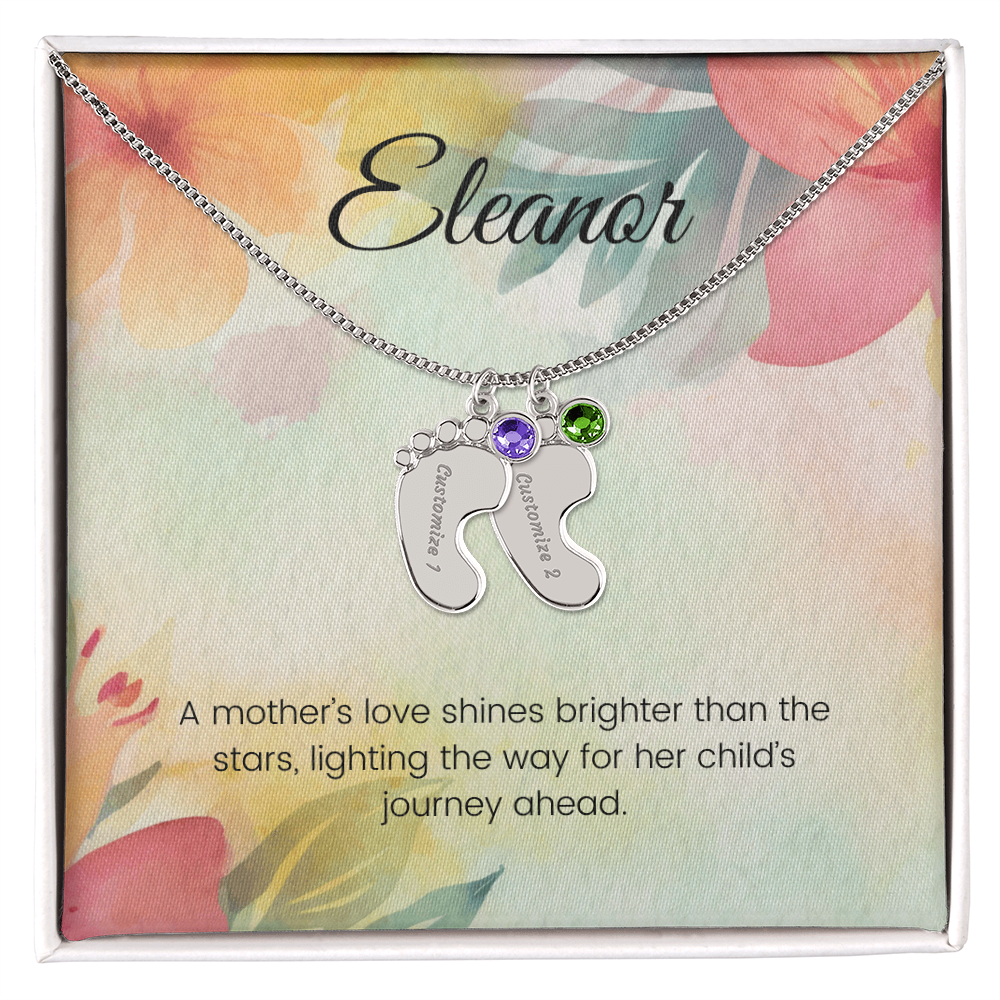 Engraved Baby Feet Necklace with Birthstone – A Mother's Love Shines Bright, Lighting the Way Ahead | Ideal Gift for New Moms