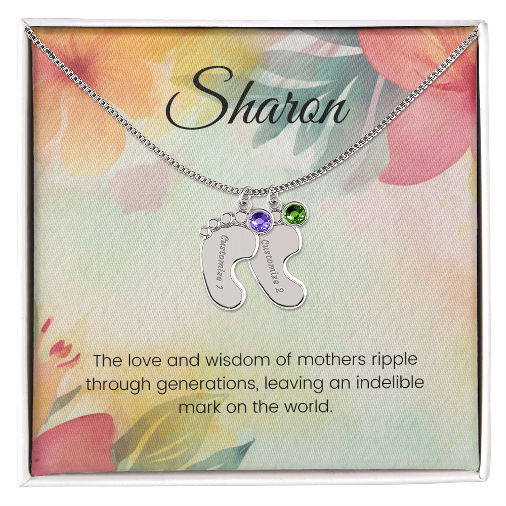Engraved Baby Feet Necklace with Birthstone – A Mother's Love Ripples Through Generations | Ideal Gift for New Moms