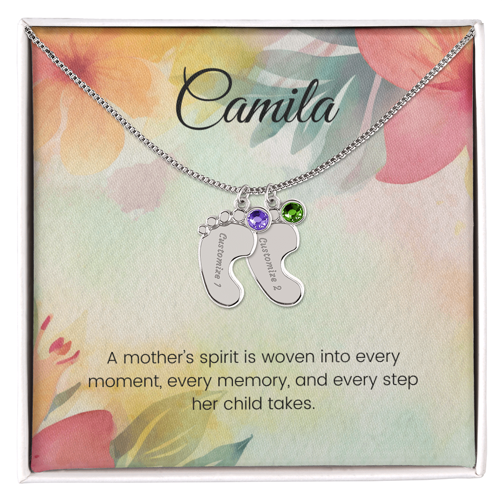 Engraved Baby Feet Necklace with Birthstone – A Mother's Spirit Woven into Every Moment | Gift for New Moms