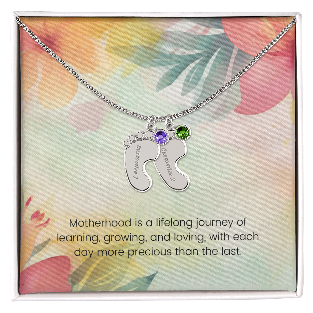 Engraved Baby Feet Necklace with Birthstone – Motherhood: A Lifelong Journey of Growth & Loving Moments | Gift for New Moms