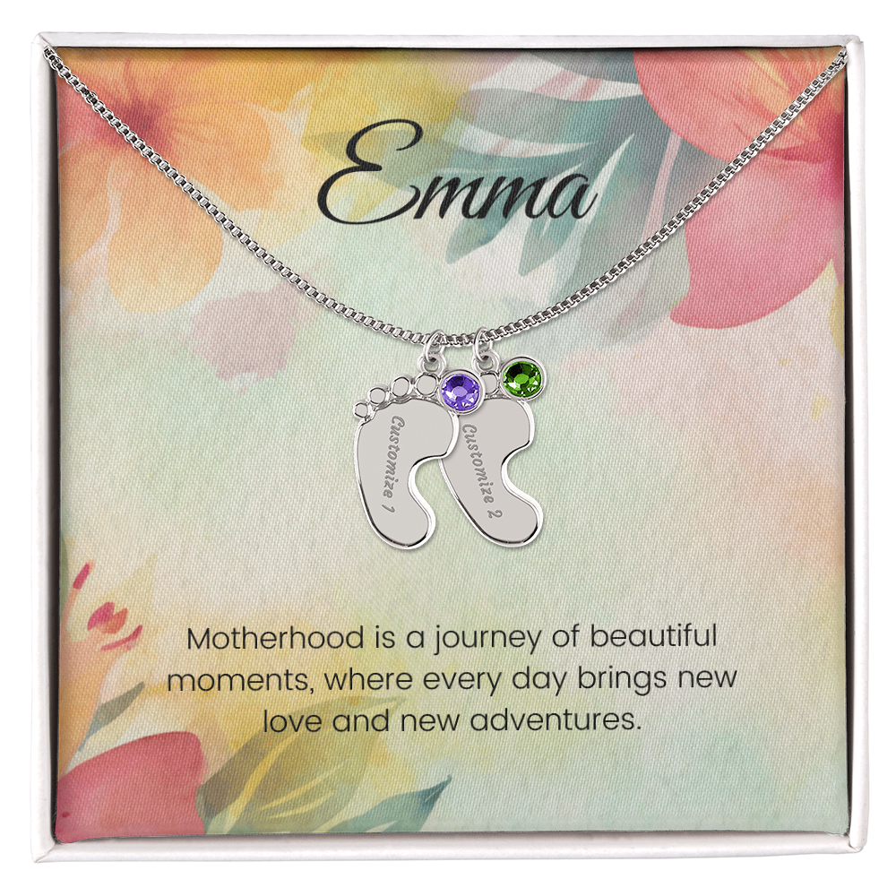 Engraved Baby Feet Necklace with Birthstone – Journey of Beautiful Moments & New Adventures | Gift for New Moms