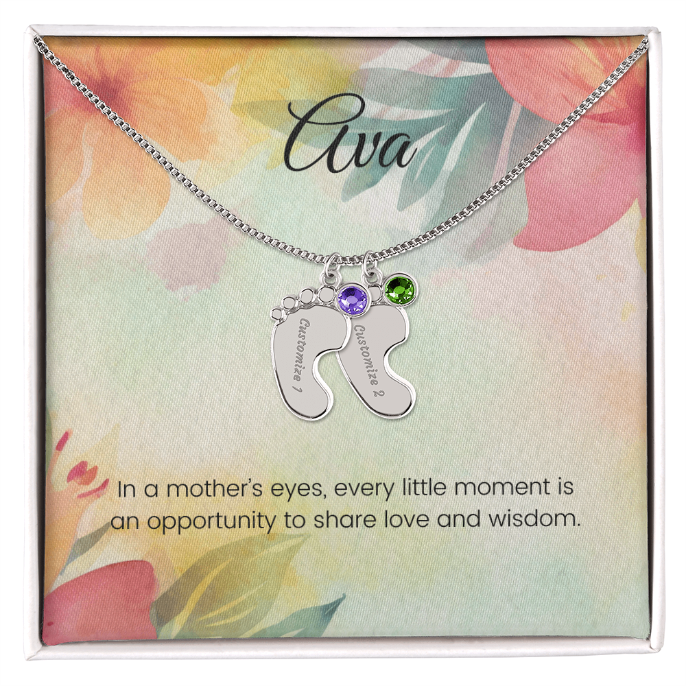 Engraved Baby Feet Necklace with Birthstone – Every Moment in a Mother's Eyes is Full of Love & Wisdom | Perfect Gift for New Moms