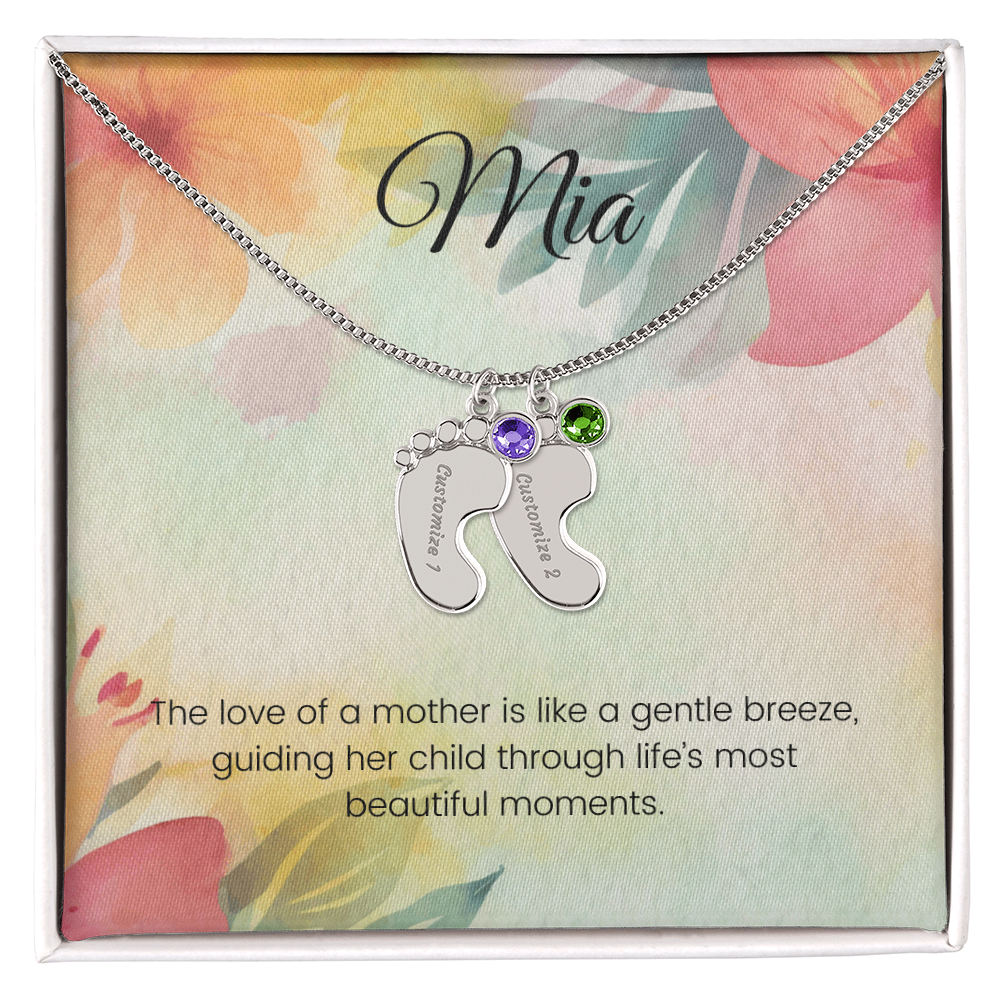 Engraved Baby Feet Necklace with Birthstone – A Mother's Love: Like a Gentle Breeze Guiding Her Child | Ideal Gift for New Moms