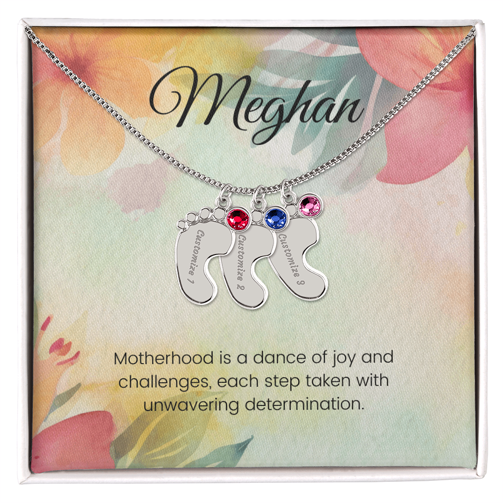 Engraved Baby Feet Necklace with Birthstone – Dance of Motherhood: Joy, Challenges & Unwavering Determination | Gift for New Moms