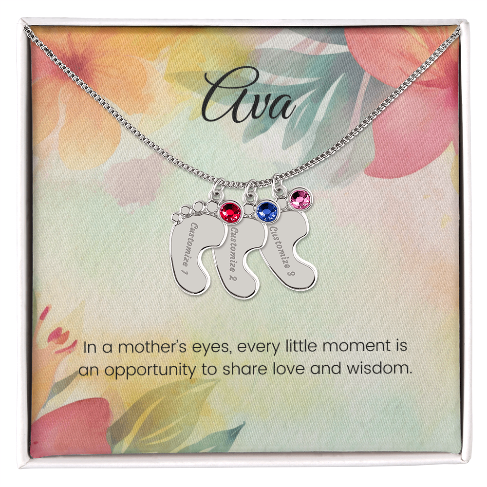 Engraved Baby Feet Necklace with Birthstone – Every Moment in a Mother's Eyes is Full of Love & Wisdom | Perfect Gift for New Moms