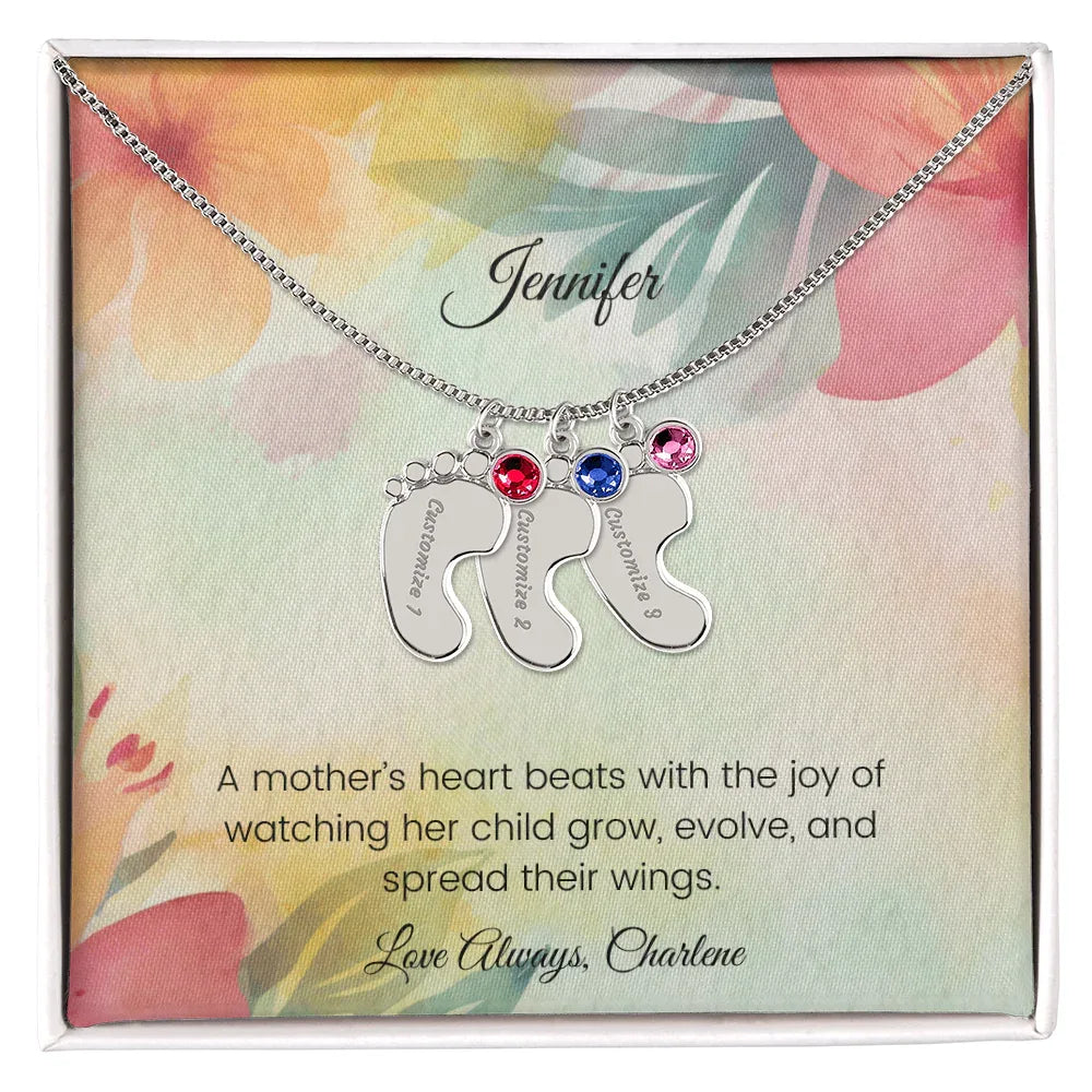 A Mother's Heart Beats with the Joy - Engraved Baby Feet Necklace with Birthstone