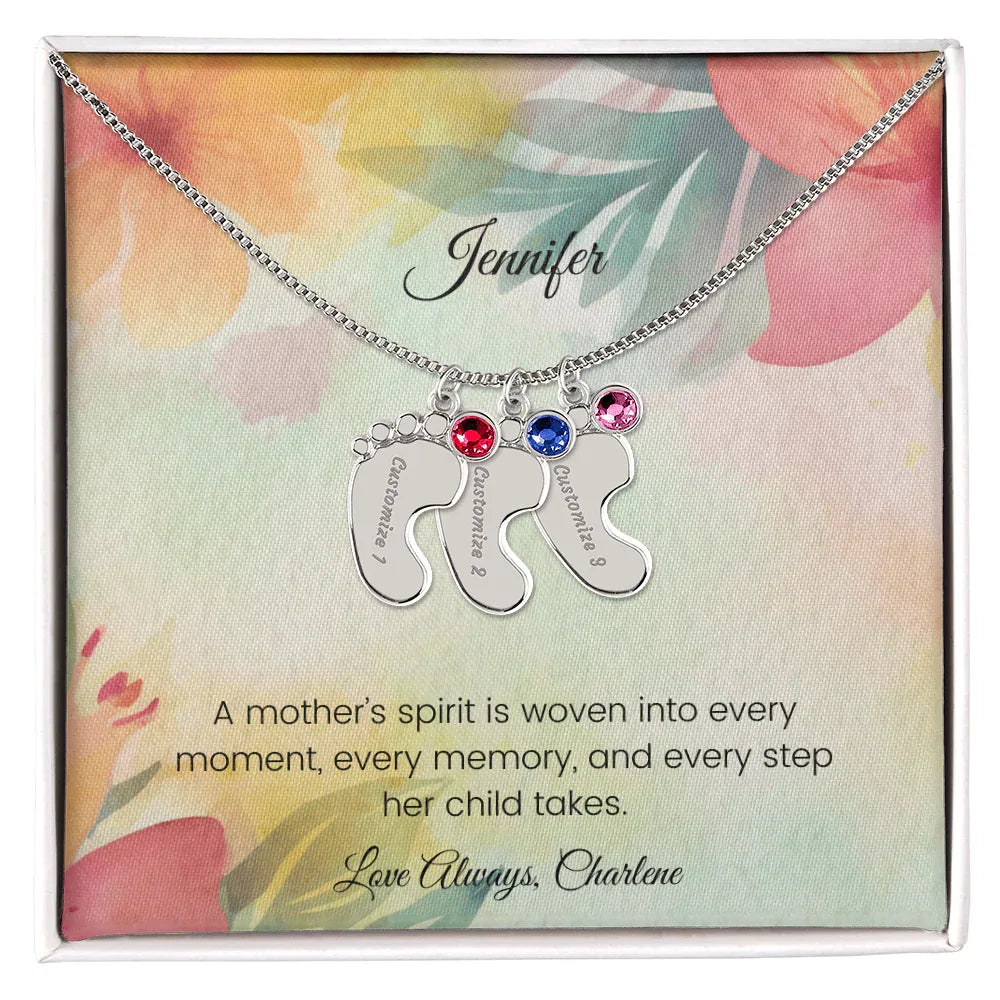 A Mother's Spirit Is Woven into Every Moment - Engraved Baby Feet Necklace with Birthstone