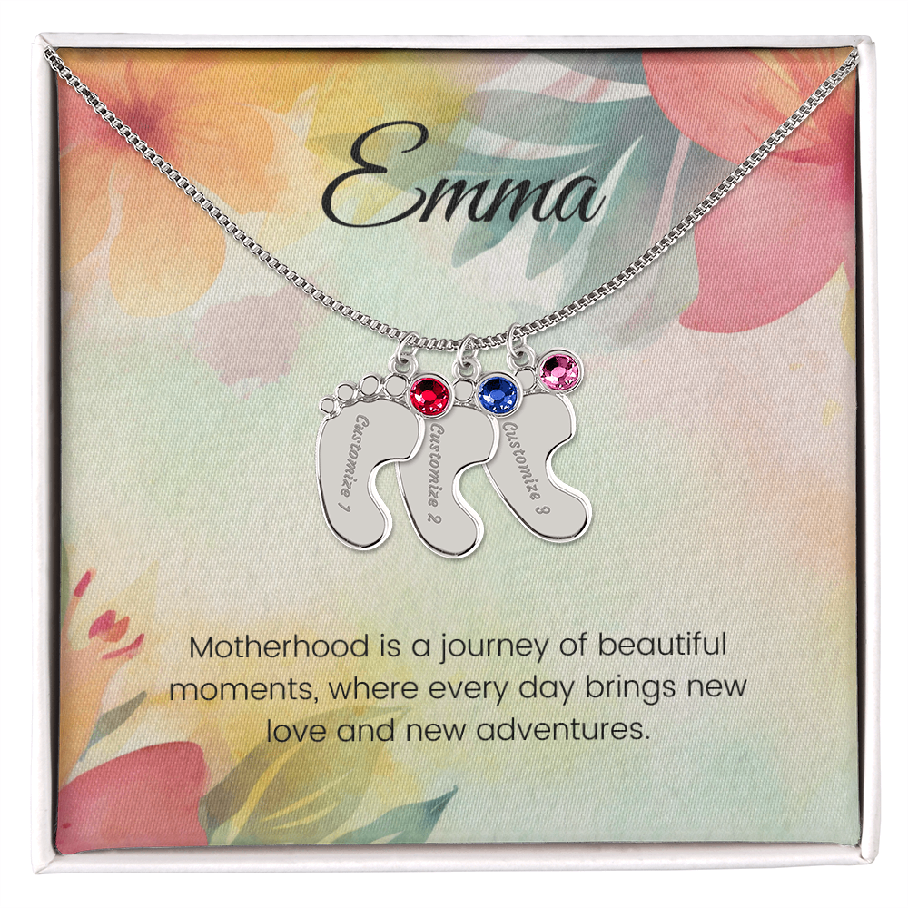 Engraved Baby Feet Necklace with Birthstone – Journey of Beautiful Moments & New Adventures | Gift for New Moms