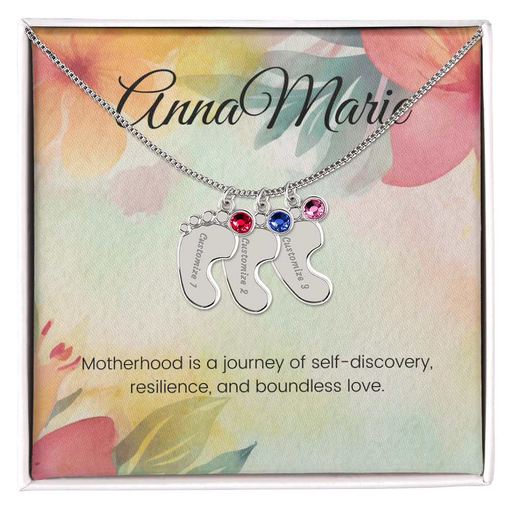 Engraved Baby Feet Necklace with Birthstone – Journey of Self-Discovery & Boundless Love | Gift for New Moms