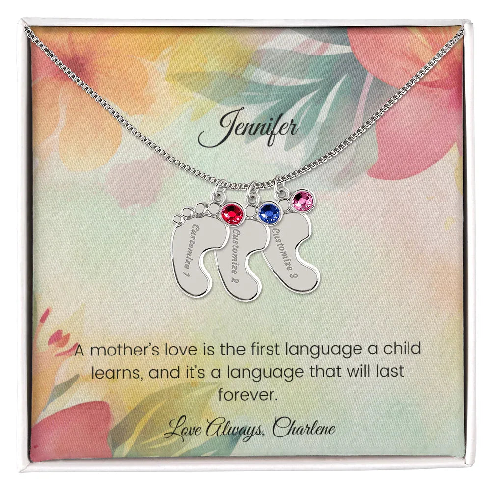 A Mother's Love Is the First Language - Engraved Baby Feet Necklace with Birthstone
