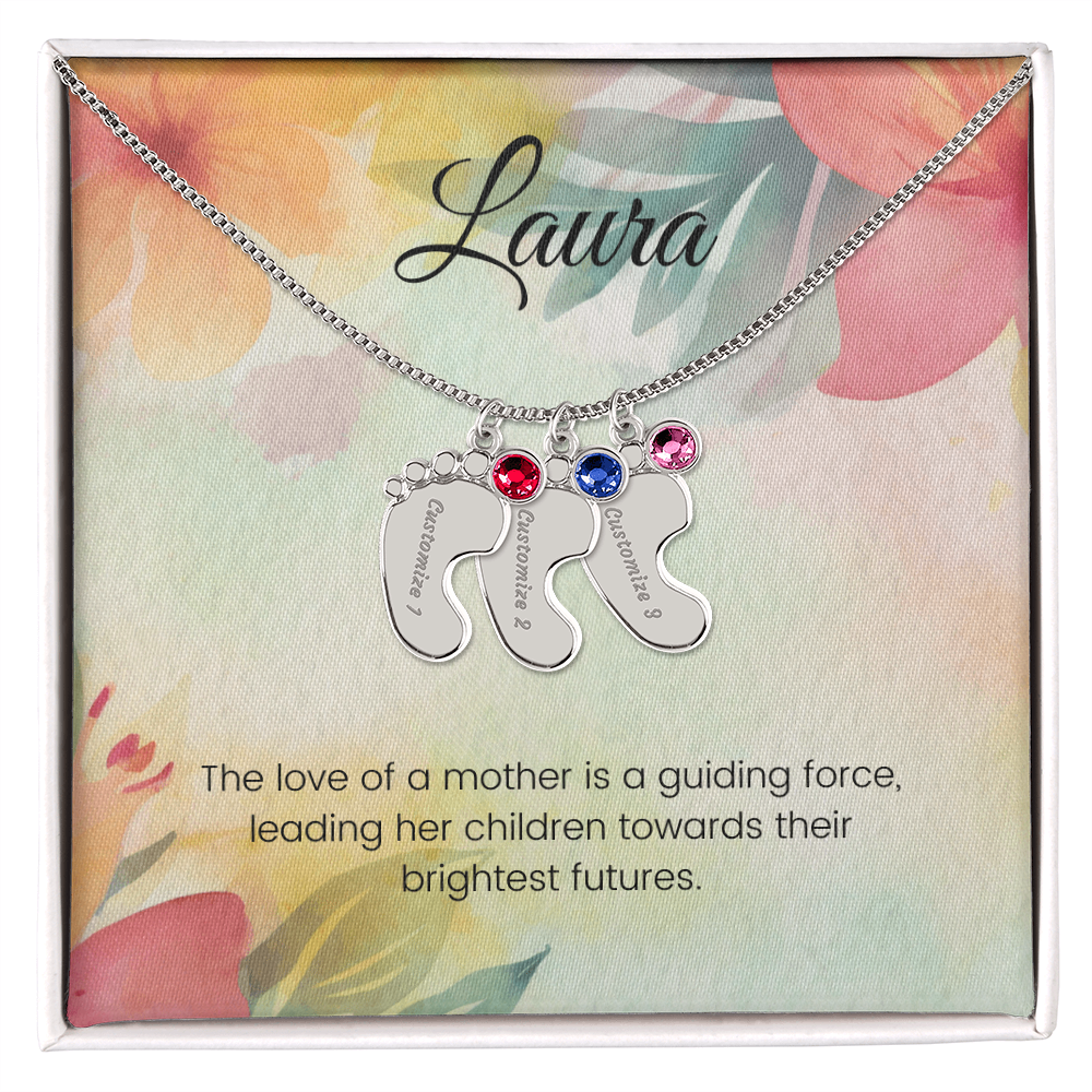 Engraved Baby Feet Necklace with Birthstone – Guiding Force of a Mother's Love | Perfect Gift for New Moms & Moms-to-Be