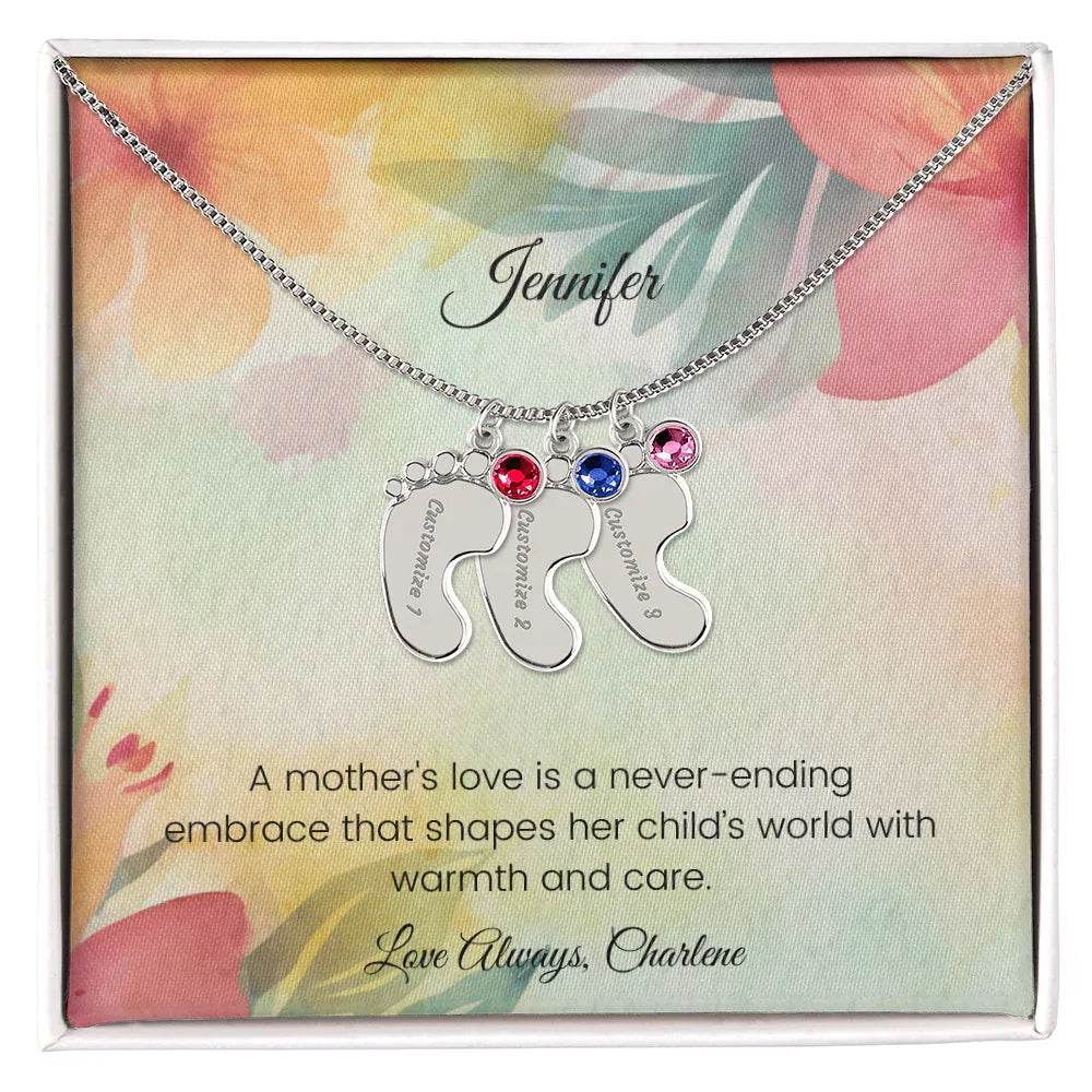 A Mother's Love Is a Never-Ending Embrace - Engraved Baby Feet Necklace with Birthstone
