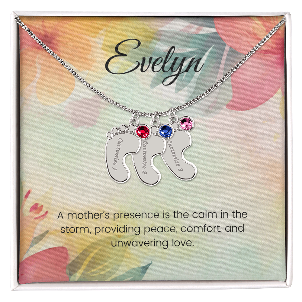 Engraved Baby Feet Necklace with Birthstone – A Mother's Presence: Calm in the Storm & Unwavering Love | Gift for New Moms