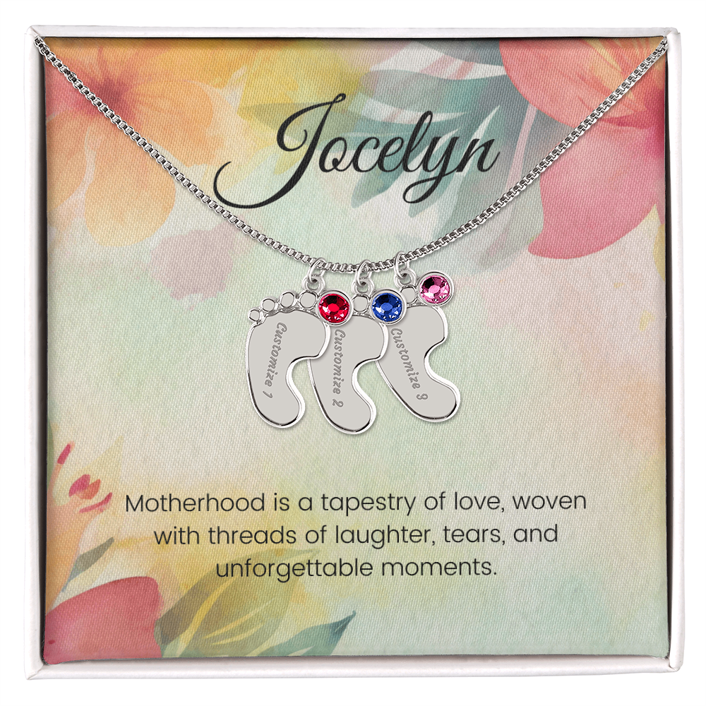 Engraved Baby Feet Necklace with Birthstone – Motherhood: A Tapestry of Love, Laughter & Unforgettable Moments | Gift for Moms