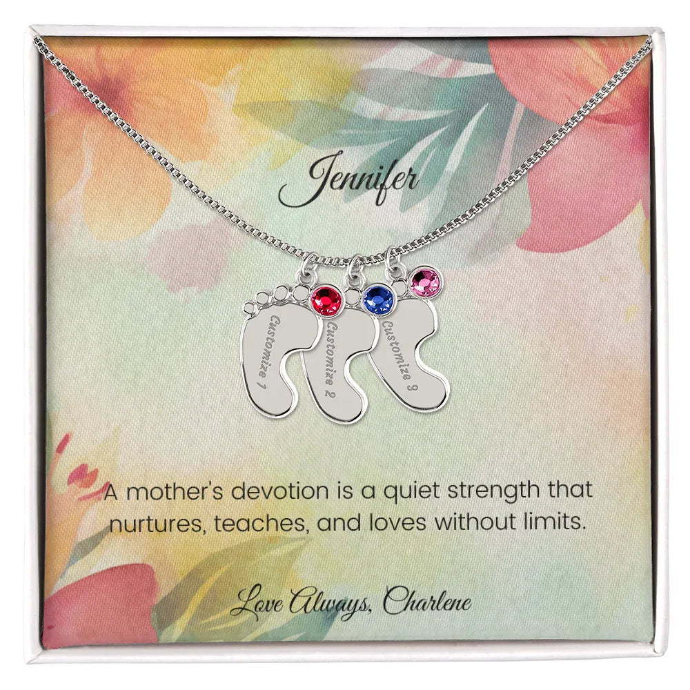 A Mother's Devotion Is a Quiet Strength - Engraved Baby Feet Necklace with Birthstone