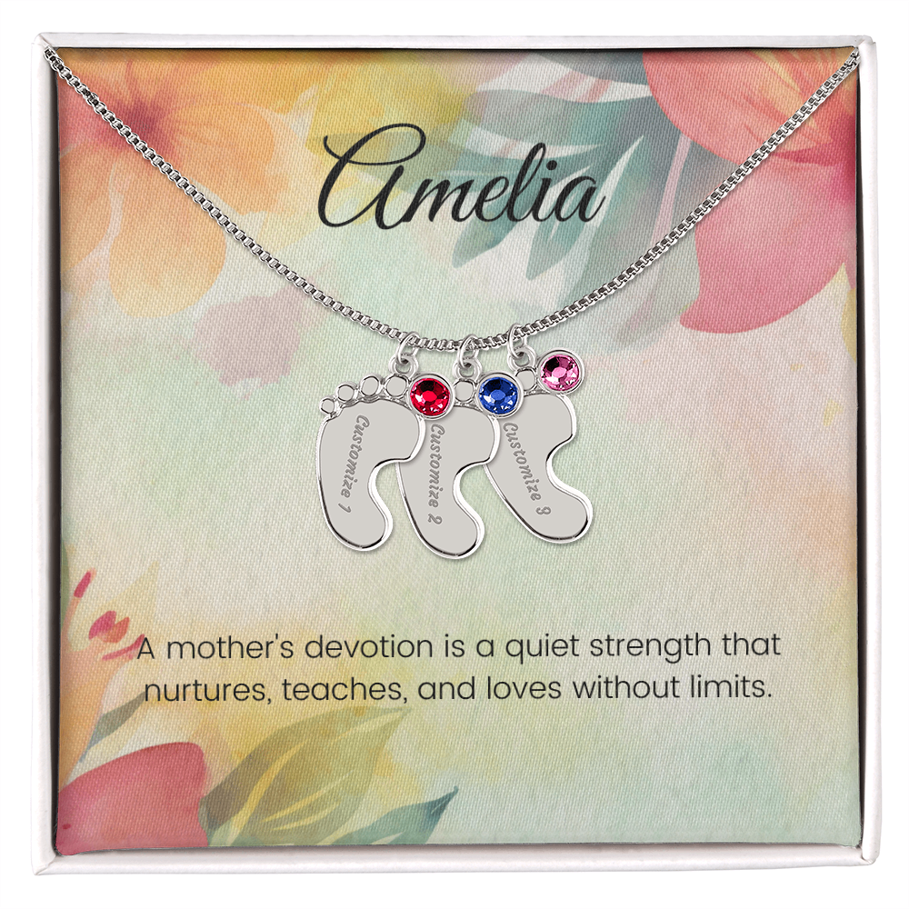 Engraved Baby Feet Necklace with Birthstone – A Mother's Quiet Strength, Nurturing & Loving | Perfect Gift for New Moms